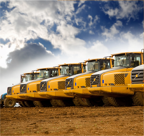 Image of a line up of Volvo Articulated Dump Trucks